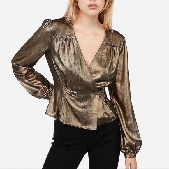 Express Tops - Nwt Express Black And Gold New Years Eve Shimmer Puff Sleeve Shirt - Size M